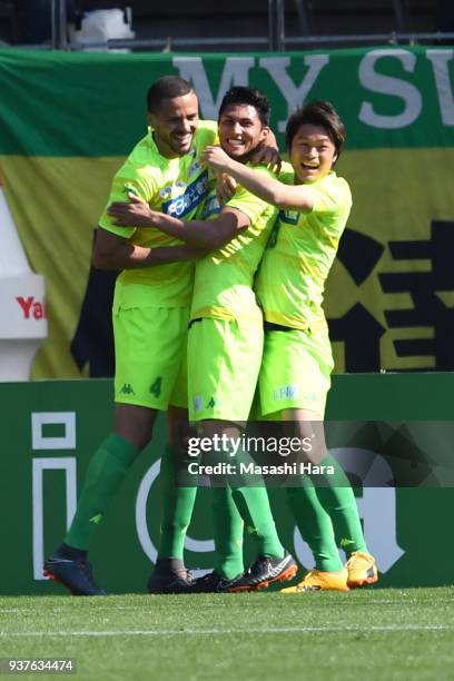 Andrew Kumagai of JEF United Chiba celebrates the second goal during the J.League J2 match between JEF United Chiba and Kyoto Sanga at Fukuda Denshi...