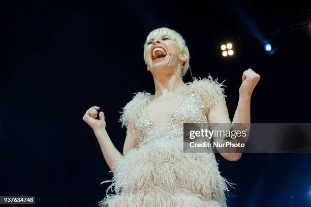 Spanish singer Soraya Arnelas performs during 'La Noche De Cadena 100' charity concert at WiZink Center on March 24, 2018 in Madrid, Spain.