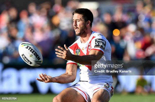 Ben Hunt of the Dragons passes the ball during the round three NRL match between the Gold Coast Titans and the St George Illawarra Dragons at Clive...