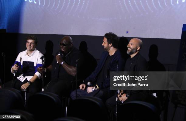 Martin Garrix, Carl Cox, Bert Marcus and Cyrus Saidi are seen at 'What We Started' Miami Premiere Q&A on March 22, 2018 in Miami, Florida.
