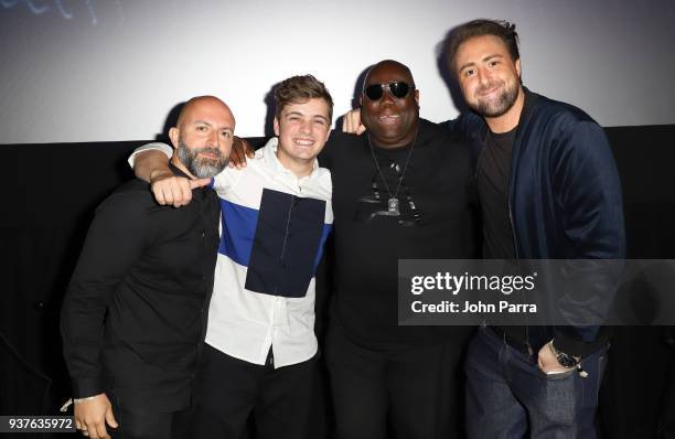 Cyrus Saidi, Martin Garrix, Carl Cox and Director Bert Marcus are seen at 'What We Started' Miami Premiere on March 22, 2018 in Miami, Florida.