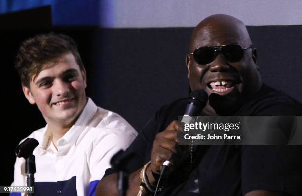 Martin Garrix and Carl Cox are seen at 'What We Started' Miami Premiere Q&A on March 22, 2018 in Miami, Florida.