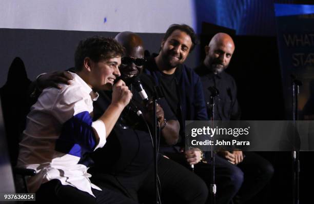 Martin Garrix, Carl Cox, Bert Marcus and Cyrus Saidi are seen at 'What We Started' Miami Premiere Q&A on March 22, 2018 in Miami, Florida.