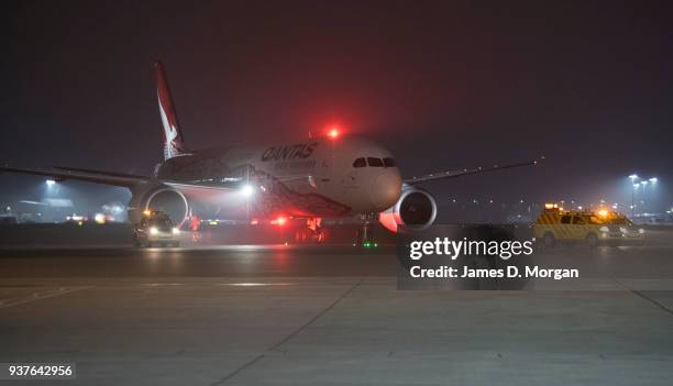 Qantas Boeing 787 Dreamliner at Heathrow Airport on March 25, 2018 in London, United Kingdom. The historic flight into London from Australia flew the...