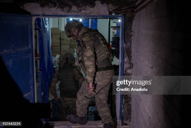 Turkish soldiers inspect underground hospital after it was uncovered in Afrin town center after Turkish Armed Forces and Free Syrian Army took...