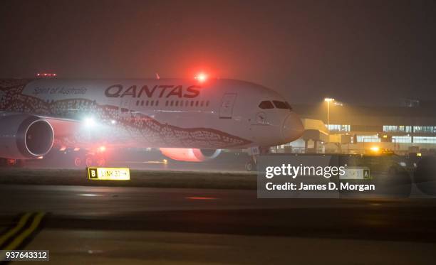 Qantas Boeing 787 Dreamliner at Heathrow Airport on March 25, 2018 in London, United Kingdom. The historic flight into London from Australia flew the...