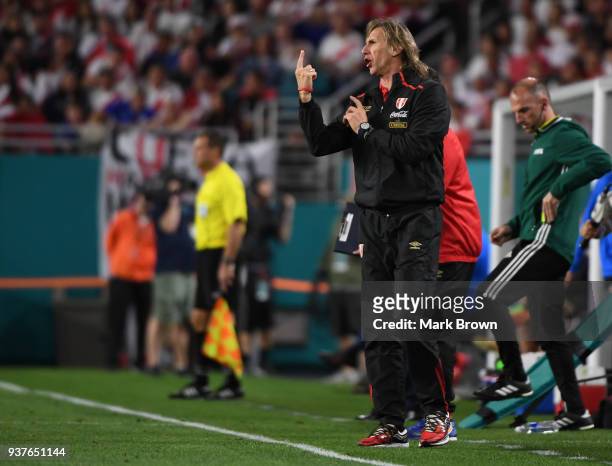 Ricardo Gareca, coach of Peru gestures during the international friendly match between Peru and Croatia at Hard Rock Stadium on March 23, 2018 in...