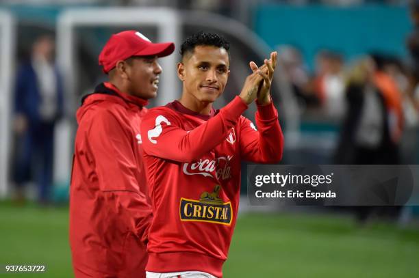 Christian Cueva of Peru greets fans after after the match against Croatia at Hard Rock Stadium on March 23, 2018 in Miami Gardens, Florida.