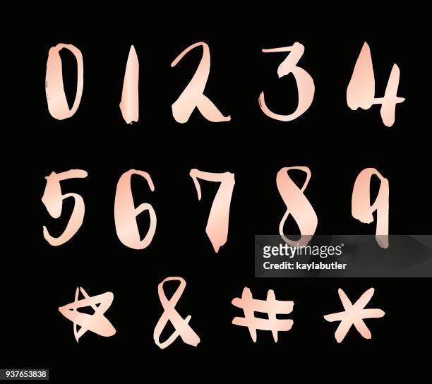 brush lettering - numbers and symbols - rose gold stock illustrations