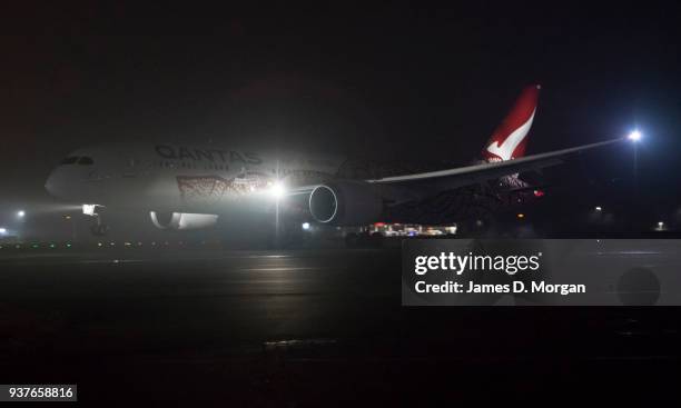 Qantas Boeing 787 Dreamliner at Heathrow Airport on March 25, 2018 in London, United Kingdom. The historic flight into London from Australia flew the...
