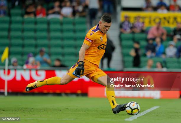 Liam Reddy kicks the ball out during the round 24 A-League match between the Perth Glory and the Melbourne Victory at nib Stadium on March 25, 2018...