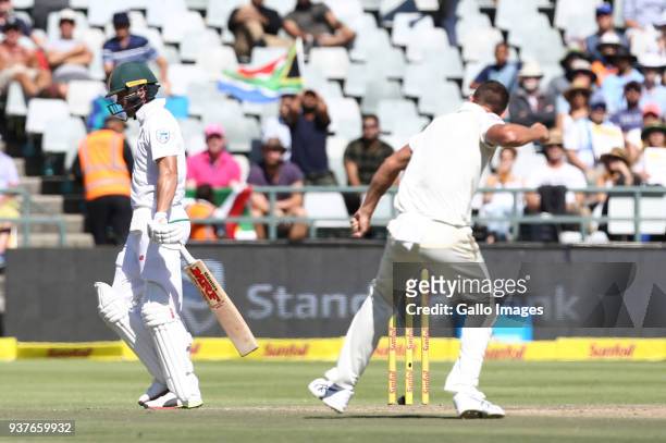 Josh Hazelwood celebrates dismissing AB de Villiers during day 4 of the 3rd Sunfoil Test match between South Africa and Australia at PPC Newlands on...