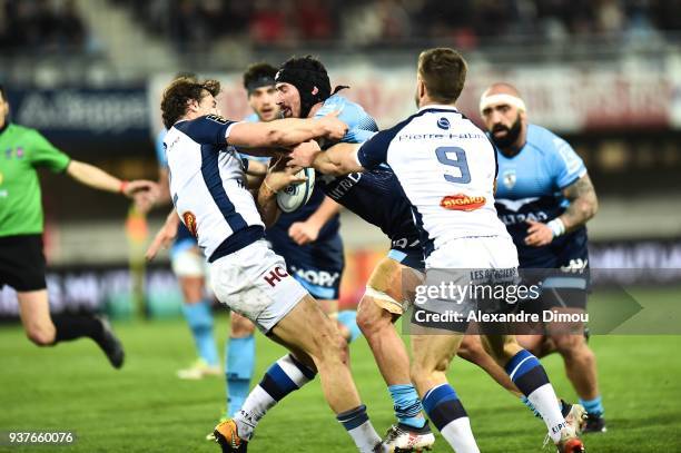 Alexandre Dumoulin of Montpellier and Florian Vialelle of Castres during the Top 14 match between Montpellier and Castres at on March 24, 2018 in...