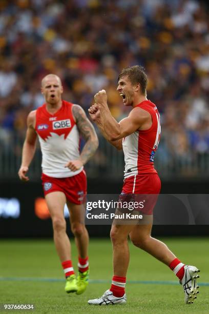 Kieren Jack of the Swans celebrates a goal during the round one AFL match between the West Coast Eagles and the Sydney Swans at Optus Stadium on...