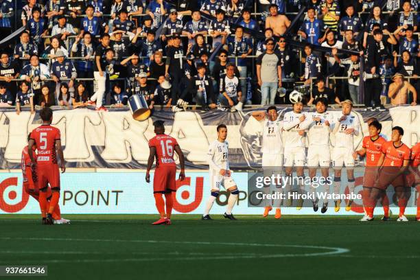 Genki Omae of Omiya Ardija scoring his team's first goal during the J.League J2 match between Omiya Ardija and Avispa Fukuoka at Nack 5 Stadium Omiya...