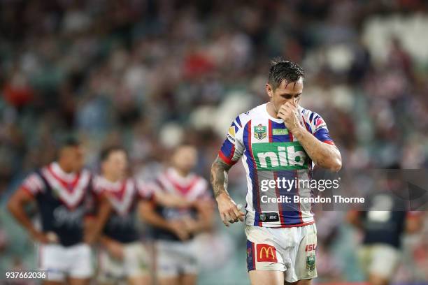 Mitchell Pearce of the Knightslooks on during the round three NRL match between the Sydney Roosters and the Newcastle Knights at Allianz Stadium on...