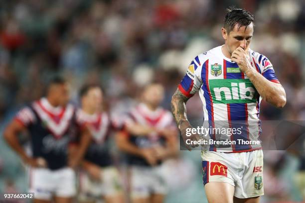 Mitchell Pearce of the Knightslooks on during the round three NRL match between the Sydney Roosters and the Newcastle Knights at Allianz Stadium on...