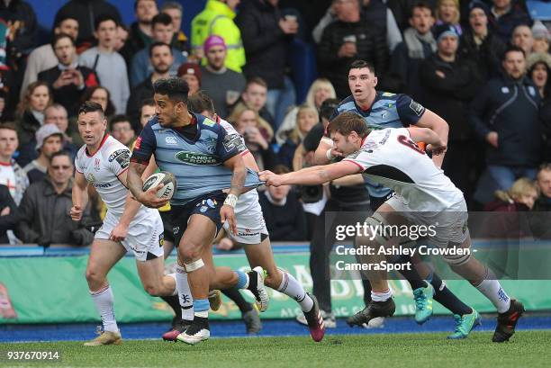 Cardiff Blues' Rey Lee-Lo is tackled by Ulster Rugbys Iain Henderson during the Guinness PRO14 Round 18 match between Cardiff Blues and Ulster Rugby...