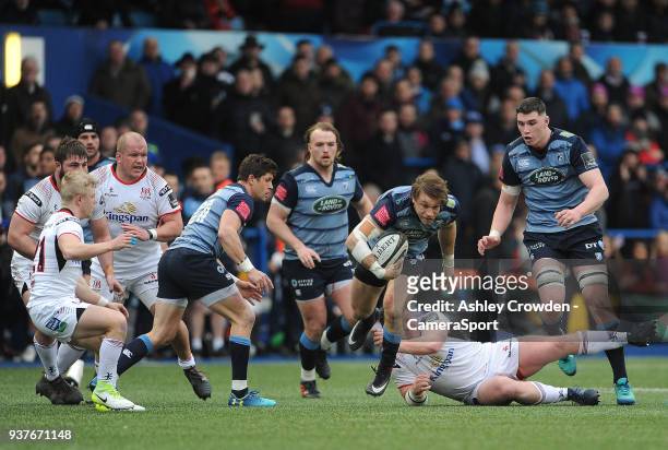 Cardiff Blues' Blaine Scully evades the tackle of Ulster Rugbys Ross Kane during the Guinness PRO14 Round 18 match between Cardiff Blues and Ulster...