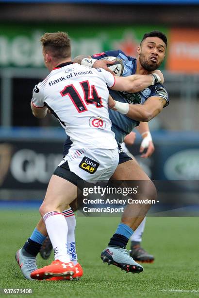 Cardiff Blues' Willis Halaholo is tackled by Ulster Rugbys Craig Gilroy during the Guinness PRO14 Round 18 match between Cardiff Blues and Ulster...