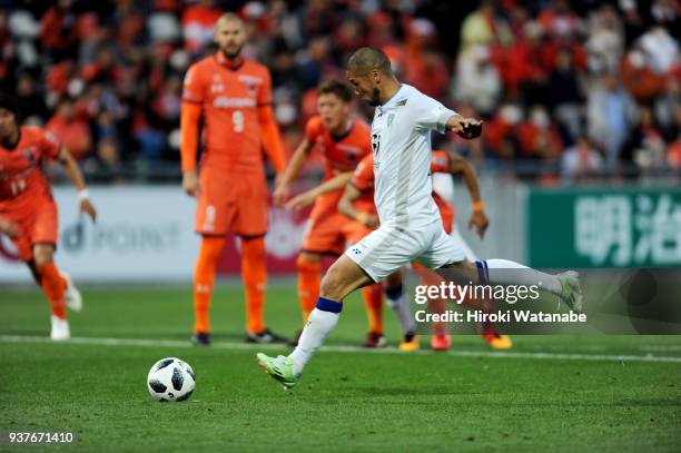 Takayuki Morimoto of Avispa Fukuoka scores his team's first goal during the J.League J2 match between Omiya Ardija and Avispa Fukuoka at Nack 5...