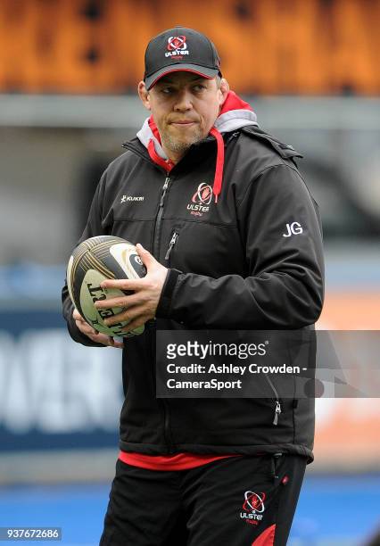Ulster Rugbys head coach Jono Gibbes during the pre match warm up during the Guinness PRO14 Round 18 match between Cardiff Blues and Ulster Rugby on...