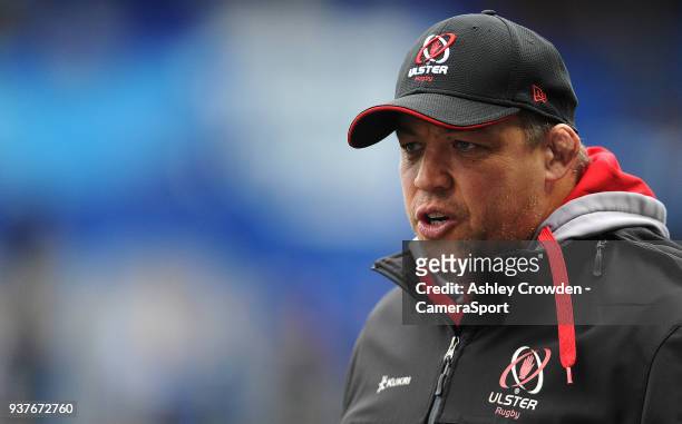 Ulster Rugbys head coach Jono Gibbes during the pre match warm up during the Guinness PRO14 Round 18 match between Cardiff Blues and Ulster Rugby on...