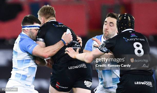 Swansea , United Kingdom - 24 March 2018; Bradley Davies of Ospreys is tackled by Fergus McFadden of Leinster during the Guinness PRO14 Round 18...