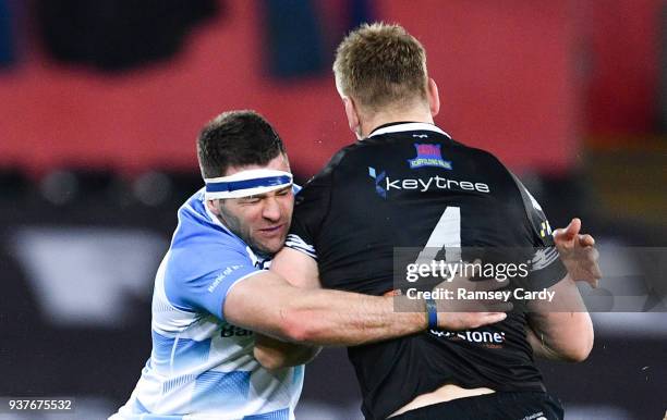 Swansea , United Kingdom - 24 March 2018; Bradley Davies of Ospreys is tackled by Fergus McFadden of Leinster during the Guinness PRO14 Round 18...