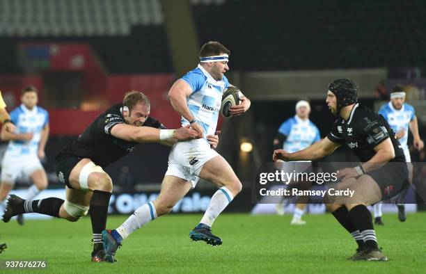 Swansea , United Kingdom - 24 March 2018; Fergus McFadden of Leinster is tackled by Alun Wyn Jones of Ospreys during the Guinness PRO14 Round 18...