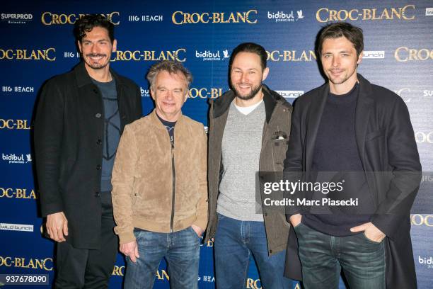 Stephane Gaillard, Dominique Pinon, Alexandre Espigares and Raphael Personnaz attend the 'Croc-Blanc' Premiere at Cinema Gaumont Opera on March 25,...