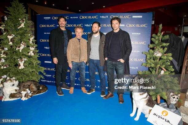 Stephane Gaillard, Dominique Pinon, Alexandre Espigares and Raphael Personnaz attend the 'Croc-Blanc' Premiere at Cinema Gaumont Opera on March 25,...