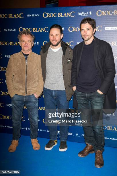 Dominique Pinon, Alexandre Espigares and Raphael Personnaz attend the 'Croc-Blanc' Premiere at Cinema Gaumont Opera on March 25, 2018 in Paris,...