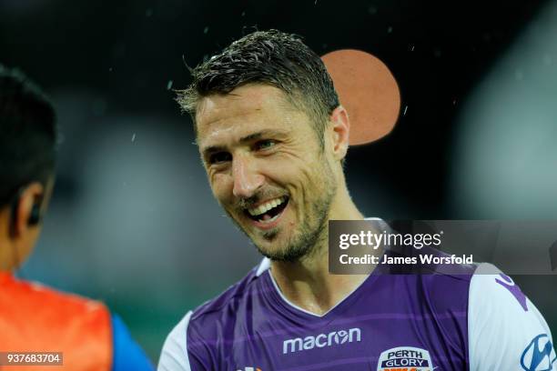 Dino Djulbic all smiles after Perth Glory full time win during the round 24 A-League match between the Perth Glory and the Melbourne Victory at nib...