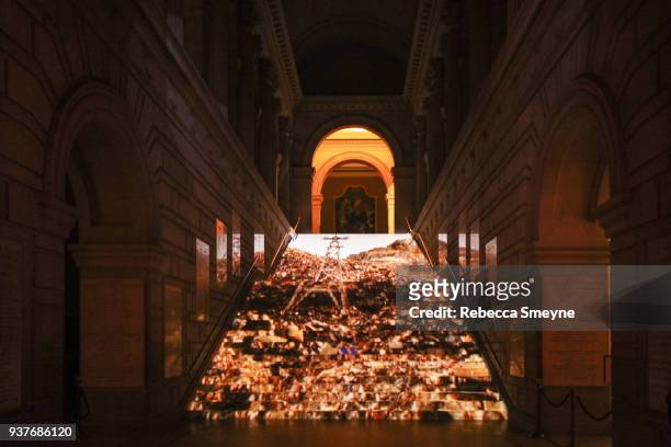 Projections on the stairs at the reception after the New York premiere of Wes Anderson's Isle of Dogs at the Metropolitan Museum of Art on March 20,...