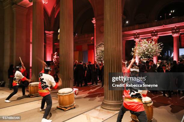 Taiko drummers play during the reception after the New York premiere of Wes Anderson's Isle of Dogs at the Metropolitan Museum of Art on March 20,...