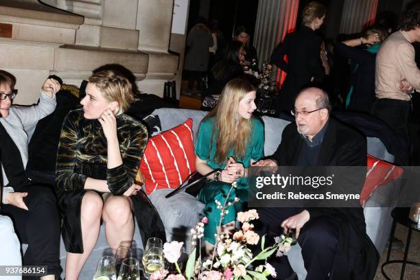 Greta Gerwig and Salman Rushdie attend the reception after the New York premiere of Wes Anderson's Isle of Dogs at the Metropolitan Museum of Art on...