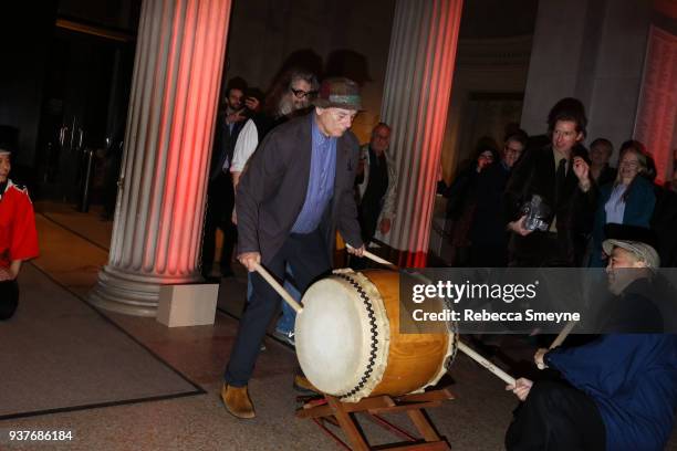 Bill Murray plays the taiko drums at the end of the night at the reception after the New York premiere of Wes Anderson's Isle of Dogs at the...