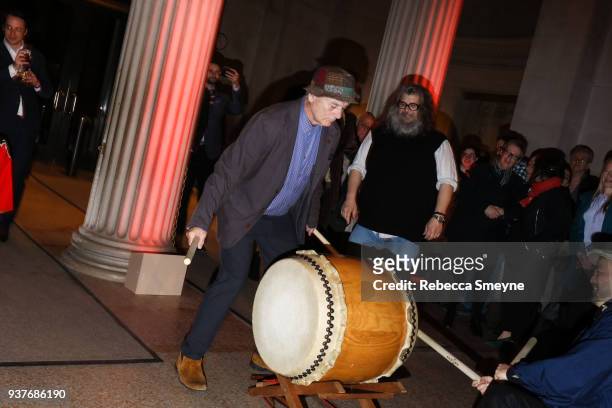 Bill Murray plays the taiko drums at the end of the night at the reception after the New York premiere of Wes Anderson's Isle of Dogs at the...