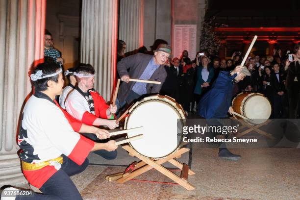 Bill Murray plays the taiko drums at the end of the night at the reception after the New York premiere of Wes Anderson's Isle of Dogs at the...