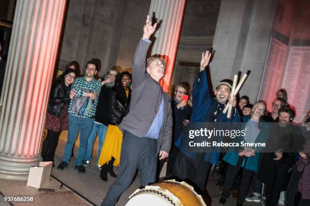 Bill Murray plays the taiko drums at the end of the night at the reception after the New York premiere of Wes Anderson's Isle of Dogs at the...