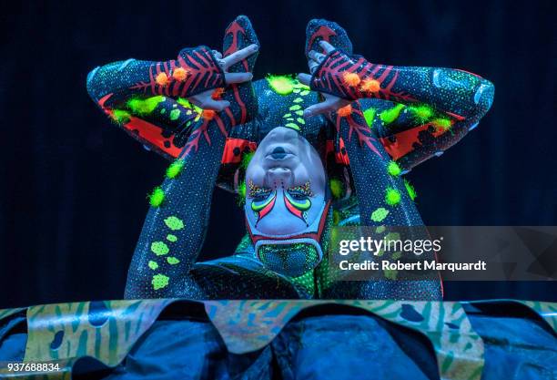 Oyun-Erdene Senge performs on stage for the Cirque du Soleil 'Totem' show on March 22, 2018 in Barcelona, Spain.