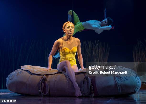 Marie-Christine Fournier and Louis-David Simoneau perform on stage for the Cirque du Soleil 'Totem' show on March 22, 2018 in Barcelona, Spain.