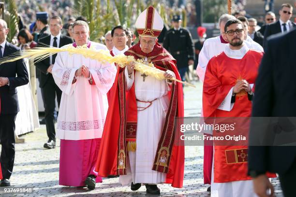 Pope Francis arrives in procession at St. Peter's Square during the Palm Sunday Mass on March 25, 2018 in Vatican City, Vatican. Pope Francis on...