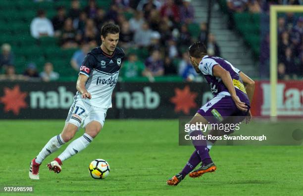 James Donachie of the Victory on the attack during the round 24 A-League match between the Perth Glory and the Melbourne Victory at nib Stadium on...