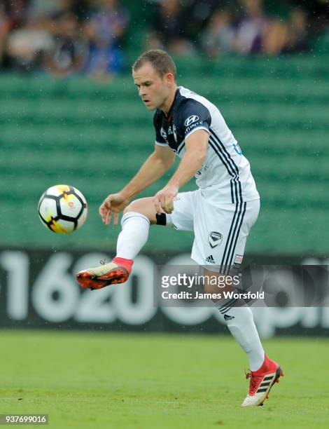 Leigh Broxham controls a volley during the round 24 A-League match between the Perth Glory and the Melbourne Victory at nib Stadium on March 25, 2018...