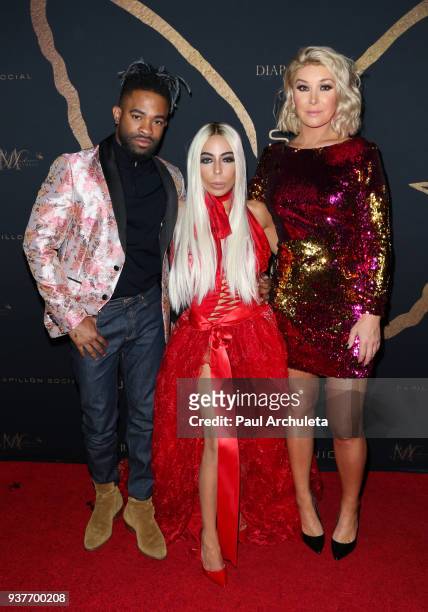 Singer Elijah Blake, Lingerie Designer Kaila Methven and Reality TV Personality Billie Lee attend the "Madame Methven Masquerade" at SkyBar at the...