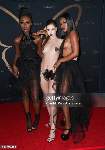 Lingerie Models in Kaila Methven designs attend the "Madame Methven Masquerade" at SkyBar at the Mondrian Los Angeles on March 24, 2018 in West...
