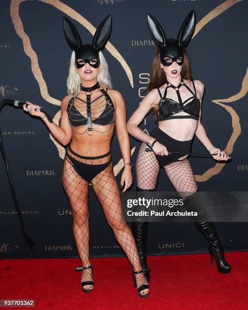 Lingerie Models in Kaila Methven designs attend the "Madame Methven Masquerade" at SkyBar at the Mondrian Los Angeles on March 24, 2018 in West...