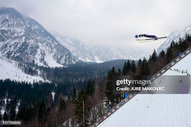 Austria's Michael Hayboeck competes during the FIS Ski Jumping World Cup Men's Flying Hill Individual competition in Planica, Slovenia, on March 25,...